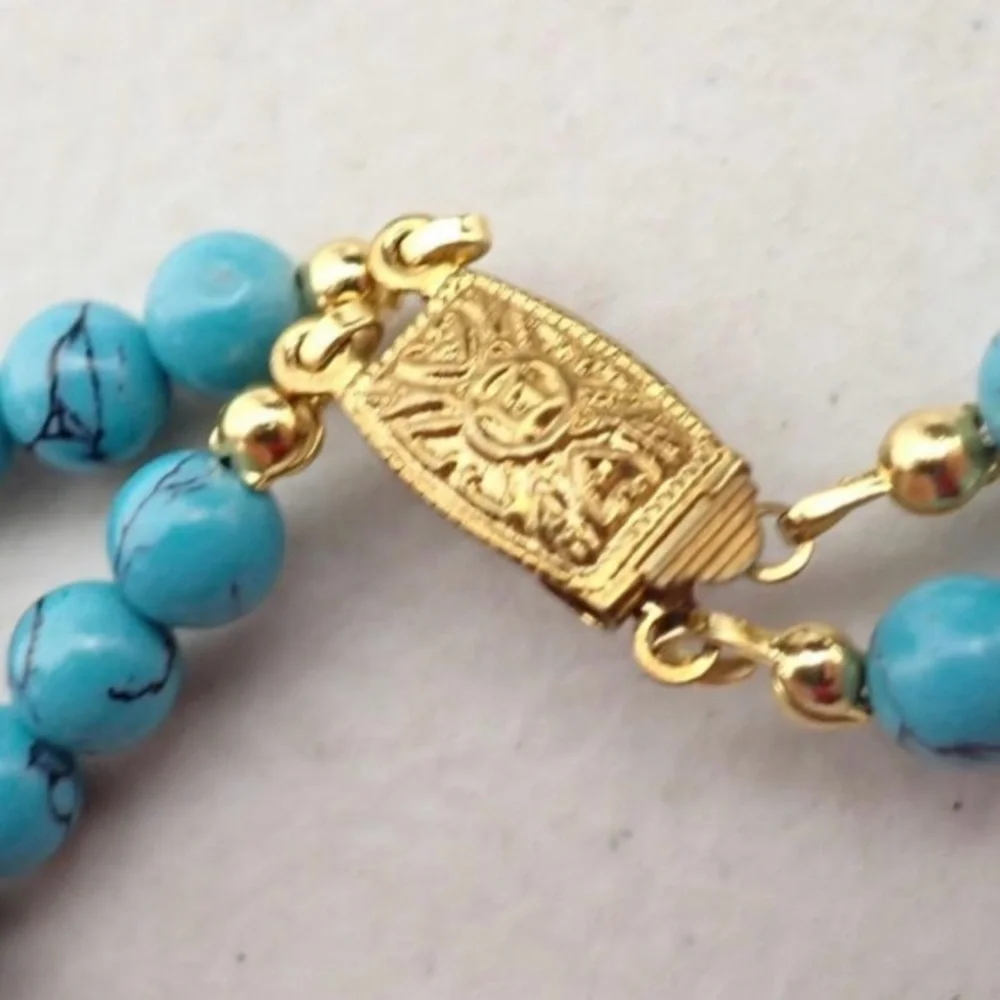 Blue Dyed Howlite Bead & Gold Tone Double Strand Necklace w/ Flower Pendant 17”
